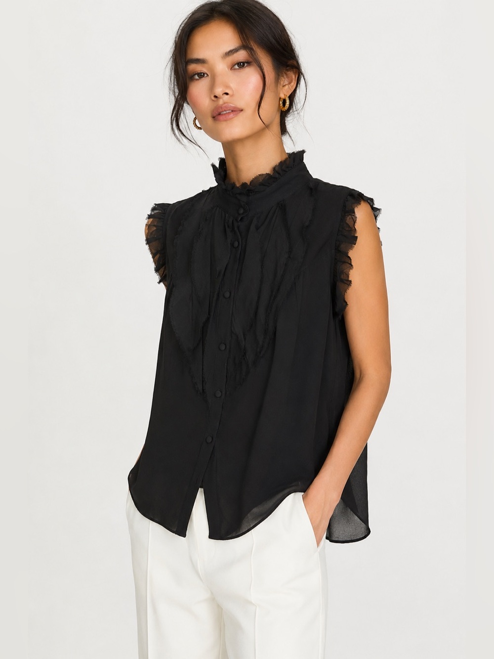 Derek Lam 100% Silk Black Ruffle Mock Neck Blouse Italy Sheer Sz 4 Designer Luxe